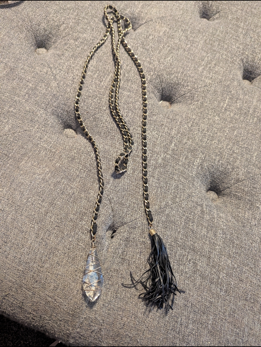 Black Leather Chain Necklace with Crystal Pendant and Tassel